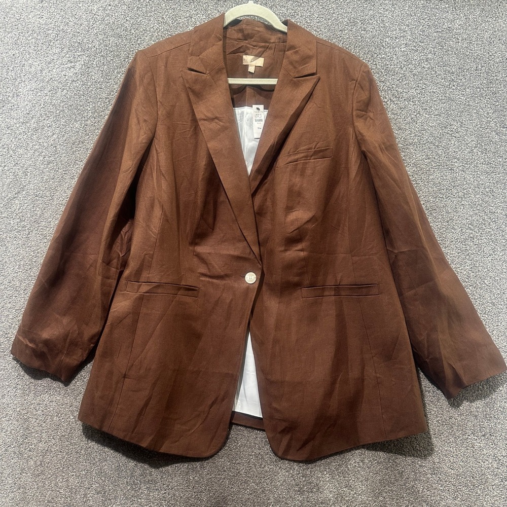 Talbots Blazer Jacket Women 18W Brown 100% Linen Single Button Neurtral Office